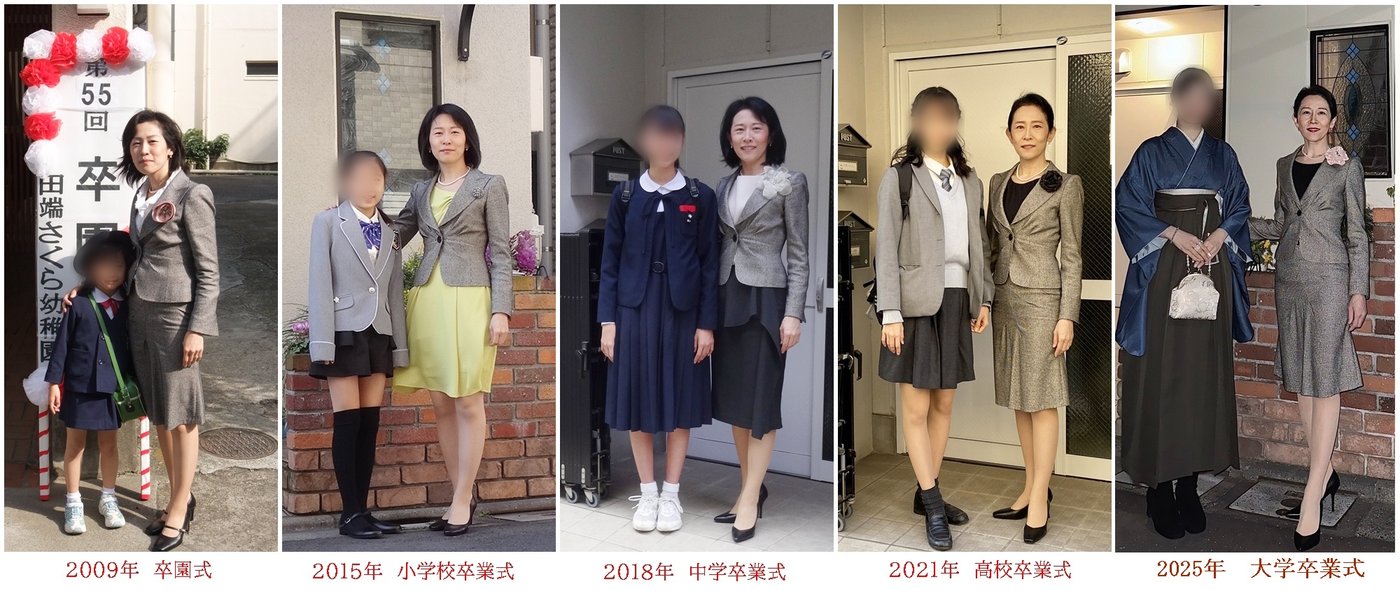 娘の卒業式ごとに同じジャケットで撮った小林かおるの16年間の写真(2009年〜2025年)
