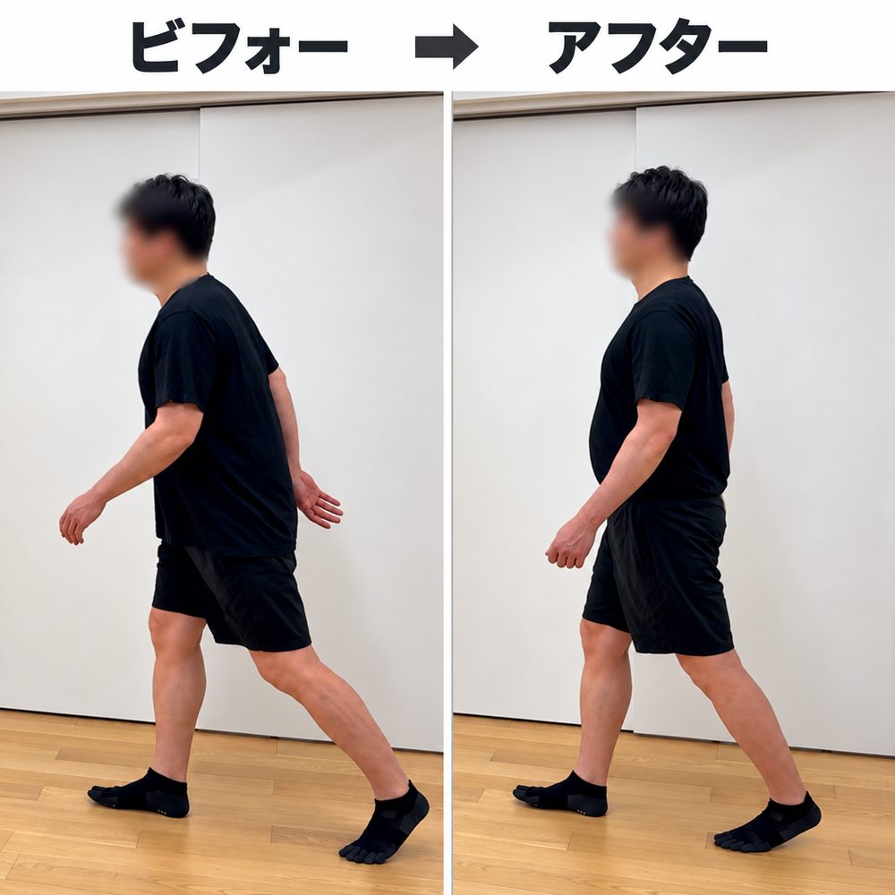 男性のウォーキングレッスン　ビフォー・アフターの比較（姿勢が前に傾いていた歩きが、まっすぐ立つ歩きに変わった例）